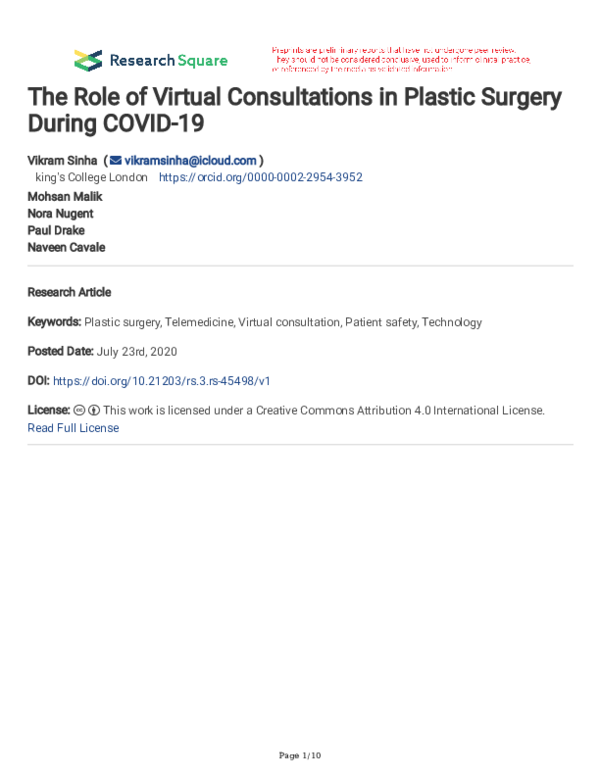 (PDF) The Role of Virtual Consultations in Plastic Surgery During COVID-19