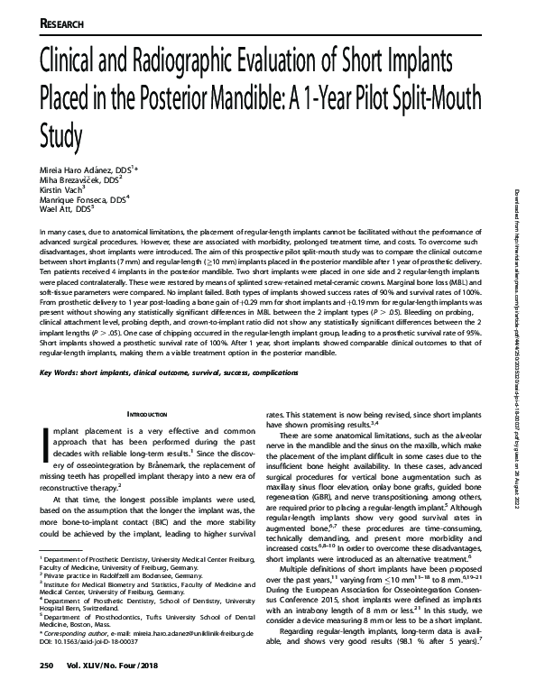 (PDF) Clinical and Radiographic Evaluation of Short Implants Placed in ...