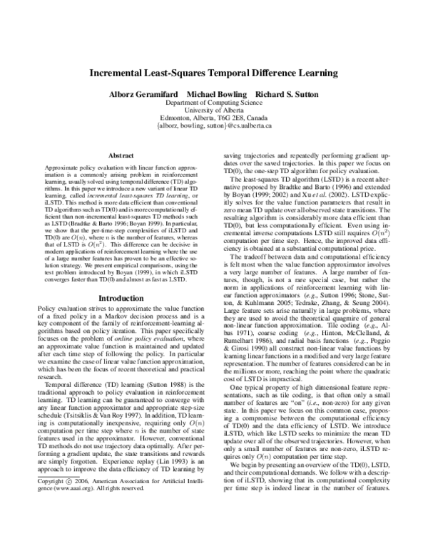 Pdf Incremental Least Squares Temporal Difference Learning