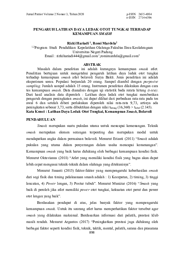 (PDF) Pengaruh Latihan Daya Ledak Otot Tungkai Terhadap Kemampuan Smash