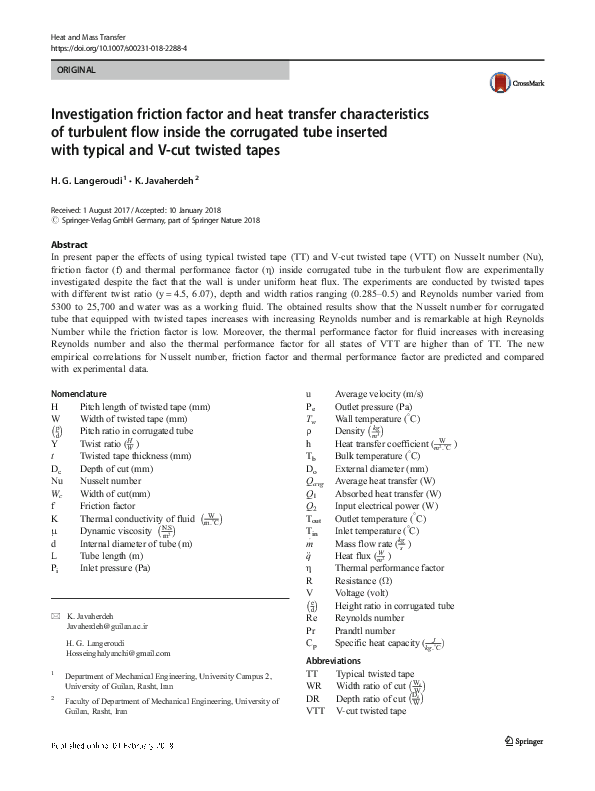 (PDF) Investigation friction factor and heat transfer characteristics ...