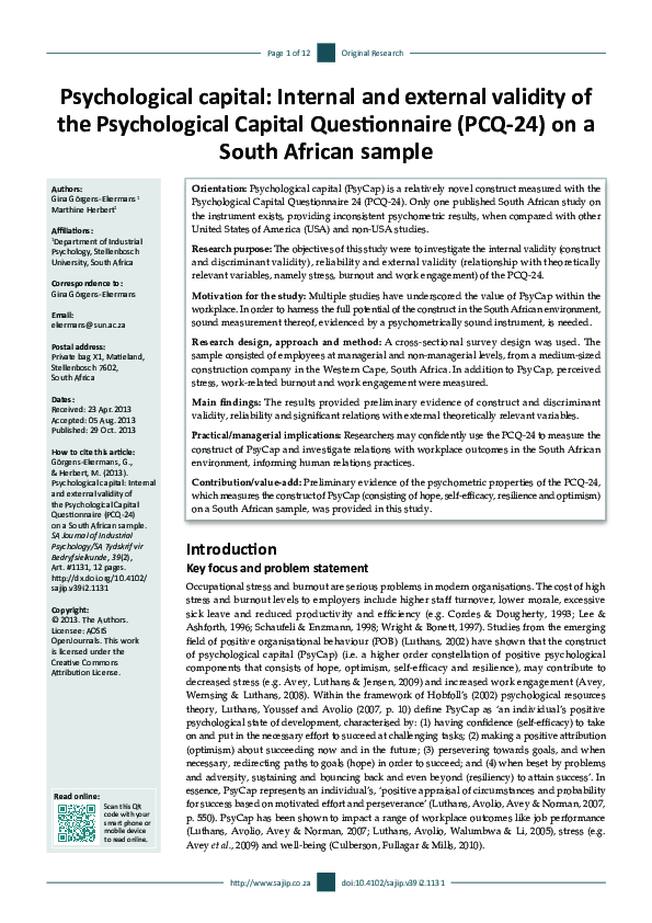 (PDF) Psychological capital: Internal and external validity of the ...