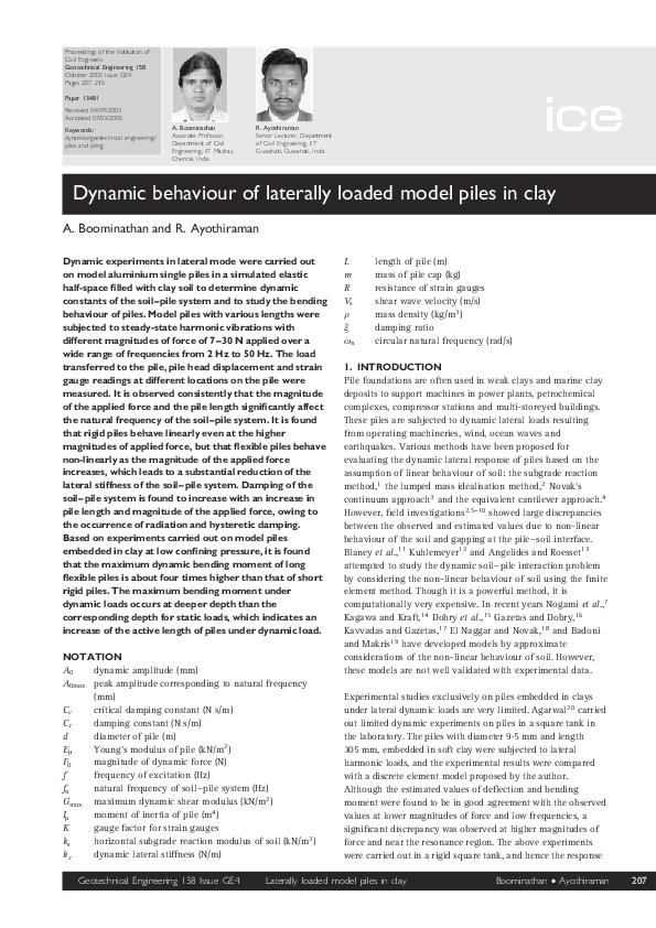 (PDF) Dynamic behaviour of laterally loaded model piles in clay