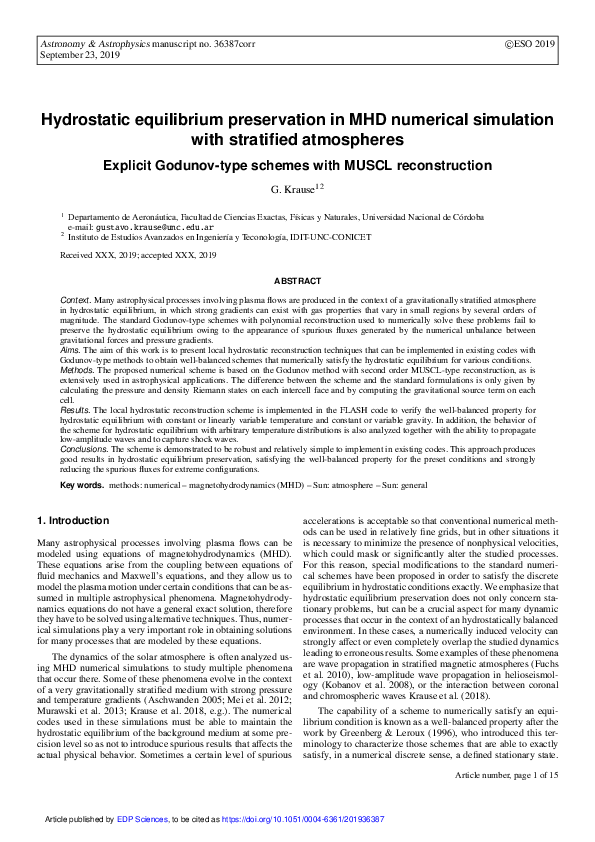 (PDF) Hydrostatic equilibrium preservation in MHD numerical simulation ...