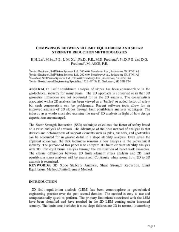 (PDF) Comparison Between 3D Limit Equilibrium and Shear Strength ...