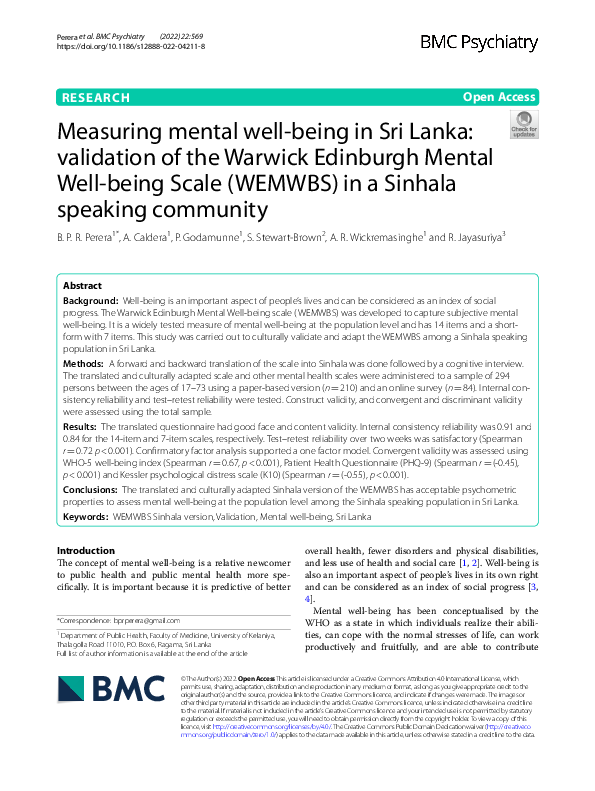(PDF) Measuring mental well-being in Sri Lanka: validation of the ...