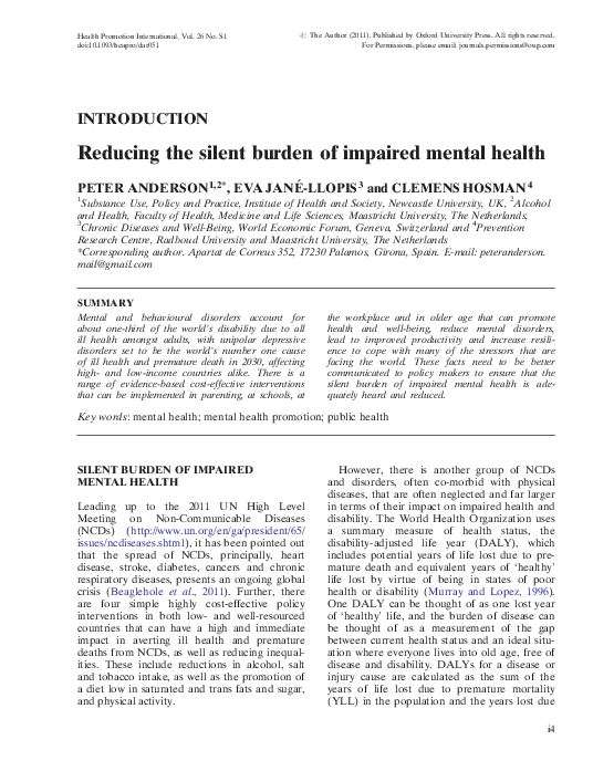 (PDF) Reducing the Silent Burden of Impaired Mental Health