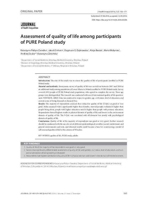 (PDF) Assessment of quality of life among participants of PURE Poland study
