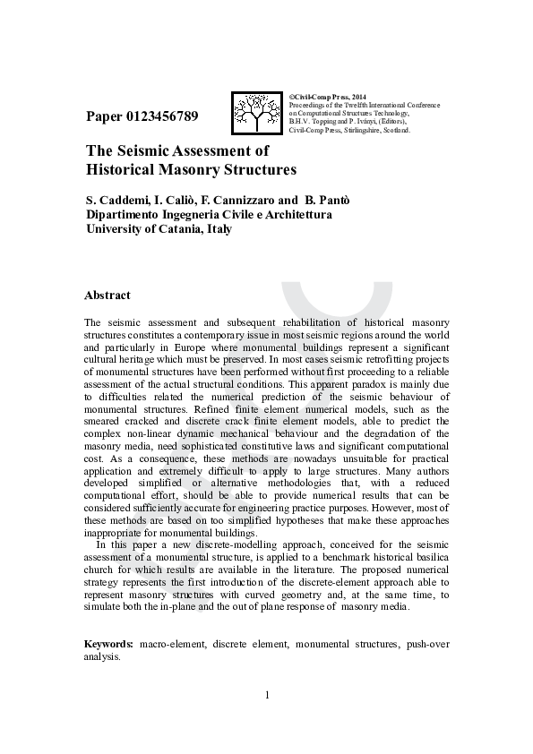 (PDF) The Seismic Assessment of Historical Masonry Structures