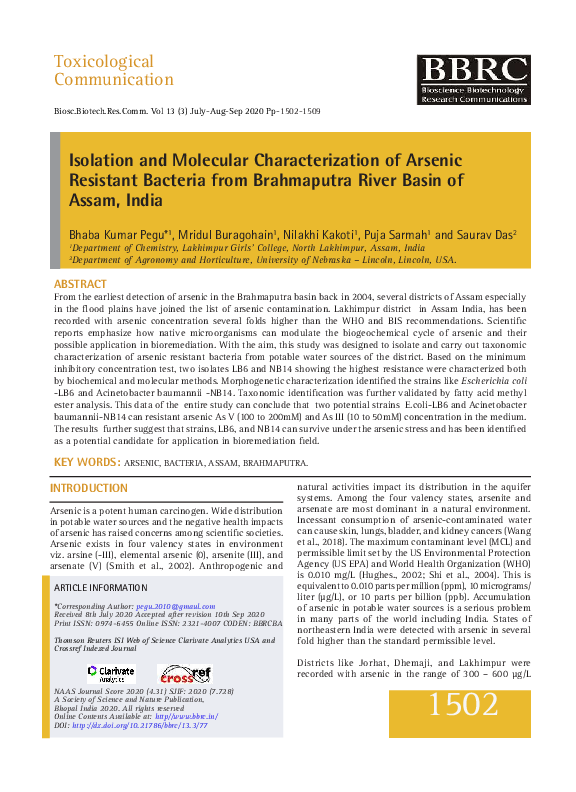(PDF) Isolation and Molecular Characterization of Arsenic Resistant ...
