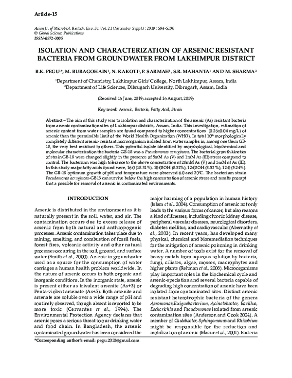(PDF) ISOLATION AND CHARACTERIZATION OF ARSENIC RESISTANT BACTERIA FROM ...