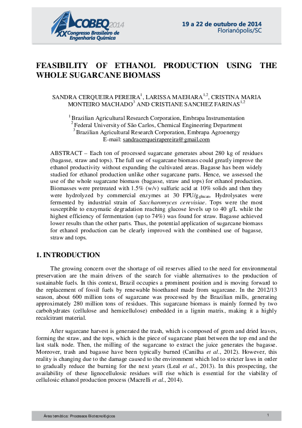 (PDF) Feasibility of Ethanol Production Using the Whole Sugarcane Biomass