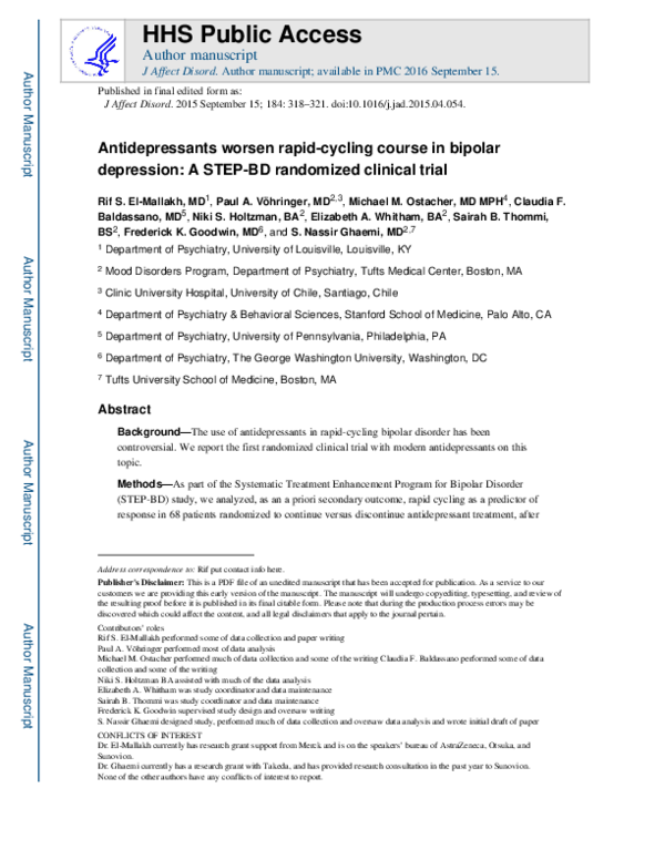 (PDF) Antidepressants worsen rapid-cycling course in bipolar depression ...