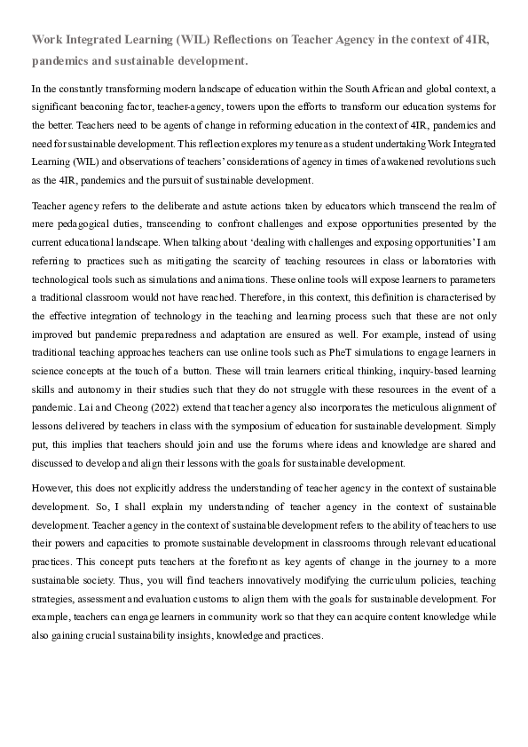 (PDF) Work Integrated Learning WIL Reflections on Teacher Agency in the ...
