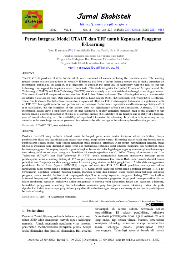 (PDF) Peran Integrasi Model UTAUT dan TFF untuk Kepuasan Pengguna E ...