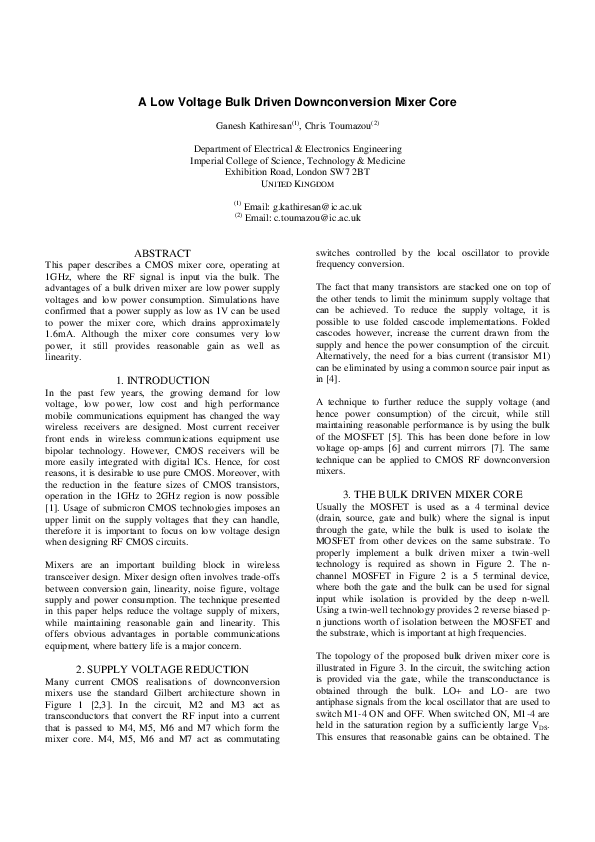 (PDF) A low voltage bulk driven downconversion mixer core