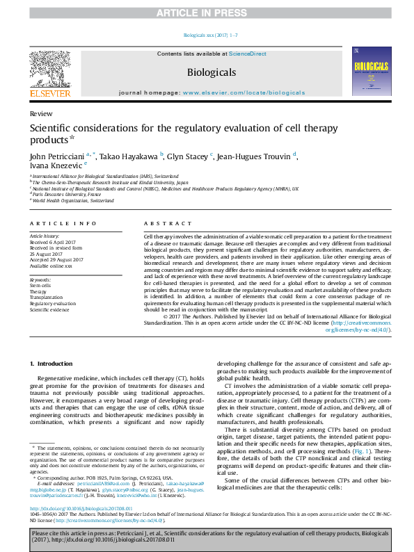 (PDF) Scientific considerations for the regulatory evaluation of cell ...
