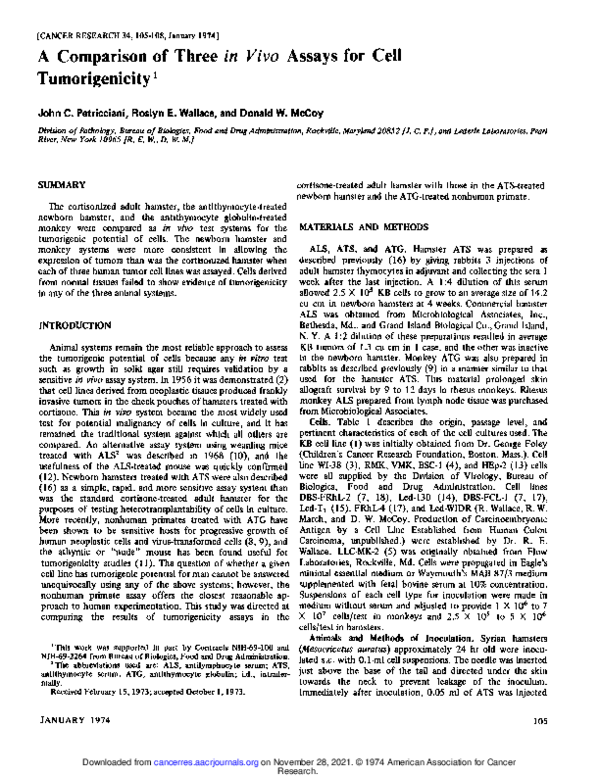 (PDF) A comparison of three in vivo assays for cell tumorigenicity