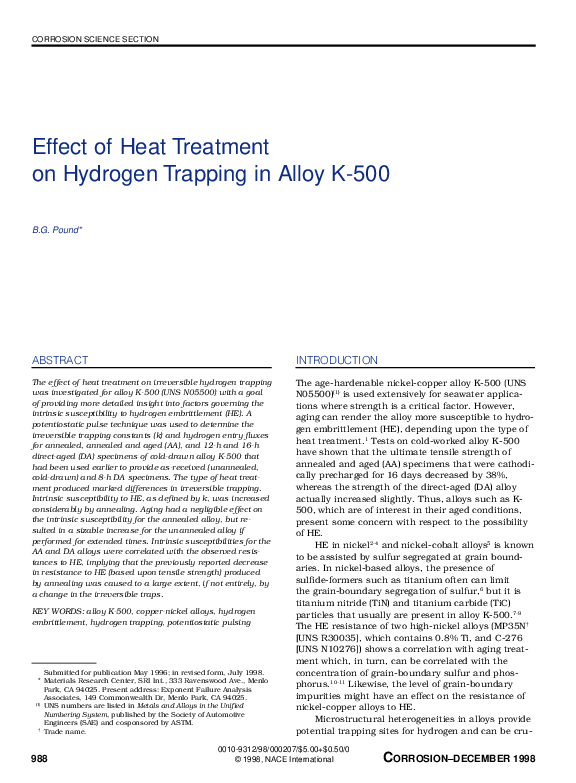 (PDF) Effect of Heat Treatment on Hydrogen Trapping in Alloy K-500