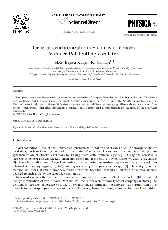 (PDF) General synchronization dynamics of coupled Van der Pol–Duffing ...