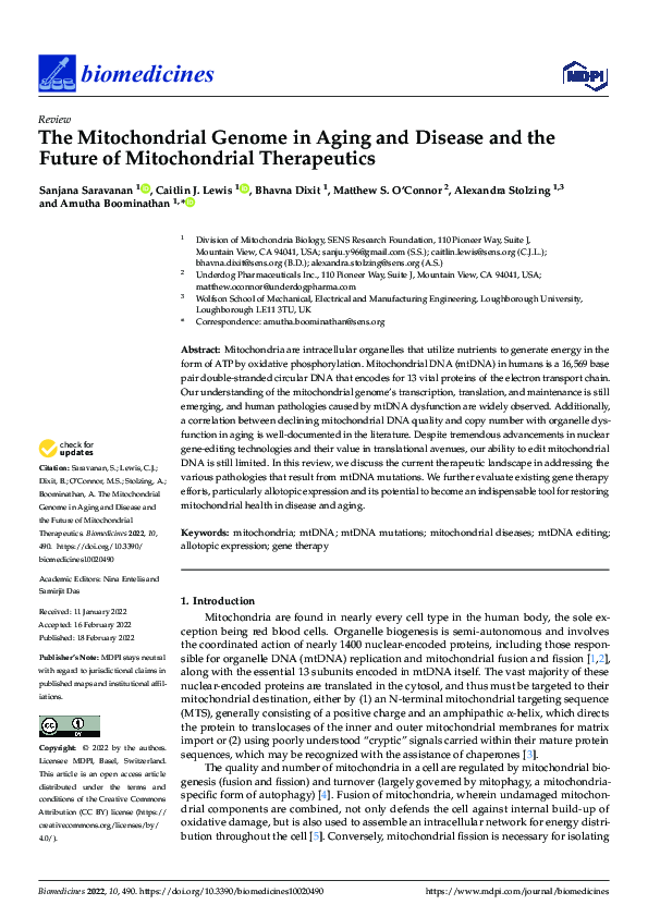 (PDF) The Mitochondrial Genome in Aging and Disease and the Future of ...