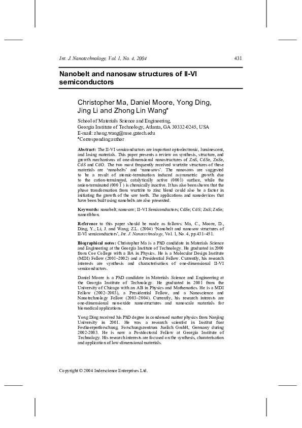 (PDF) Nanobelt and nanosaw structures of II-VI semiconductors