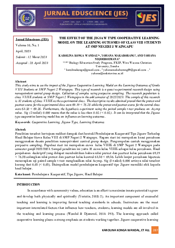 (PDF) The Effect of the Jigsaw Type Cooperative Learning Model on the ...