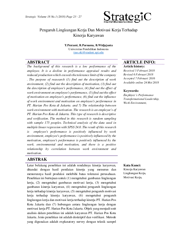 Pdf Pengaruh Lingkungan Kerja Dan Motivasi Kerja Terhadap Kinerja