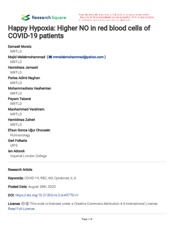 (PDF) Happy Hypoxia: Higher NO in red blood cells of COVID-19 patients