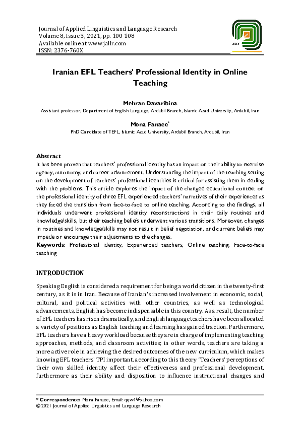 (PDF) Iranian EFL Teachers' Professional Identity in Online Teaching