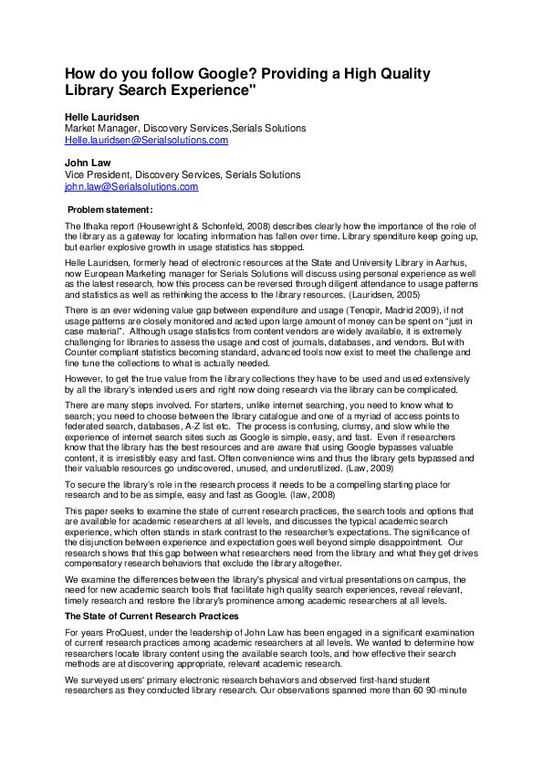 (PDF) How do you follow Google? Providing a high quality library search ...