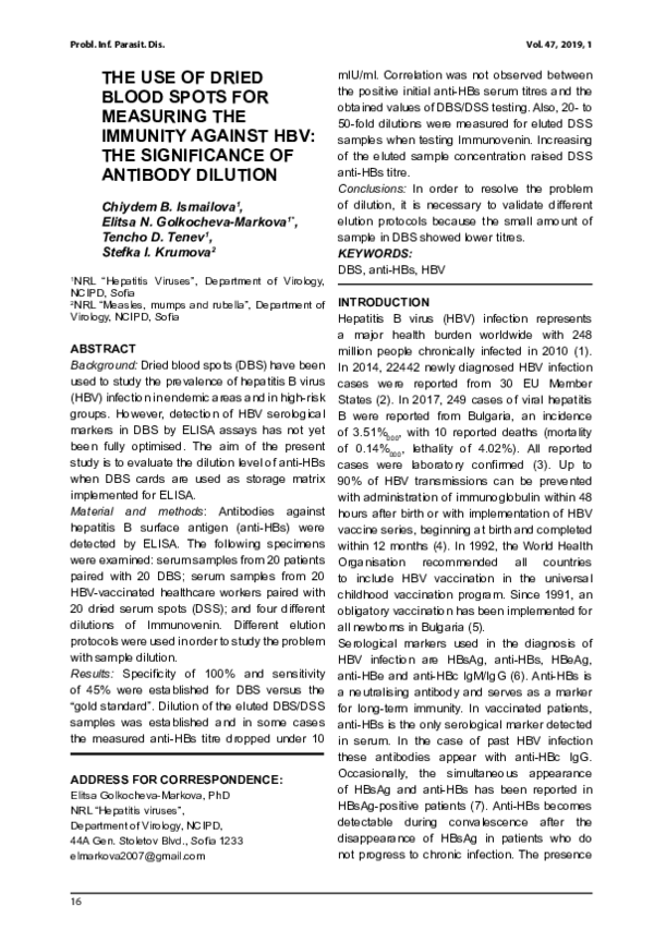 (PDF) Use of Dried Blood Spots for Measuring the Immunity Against HBV