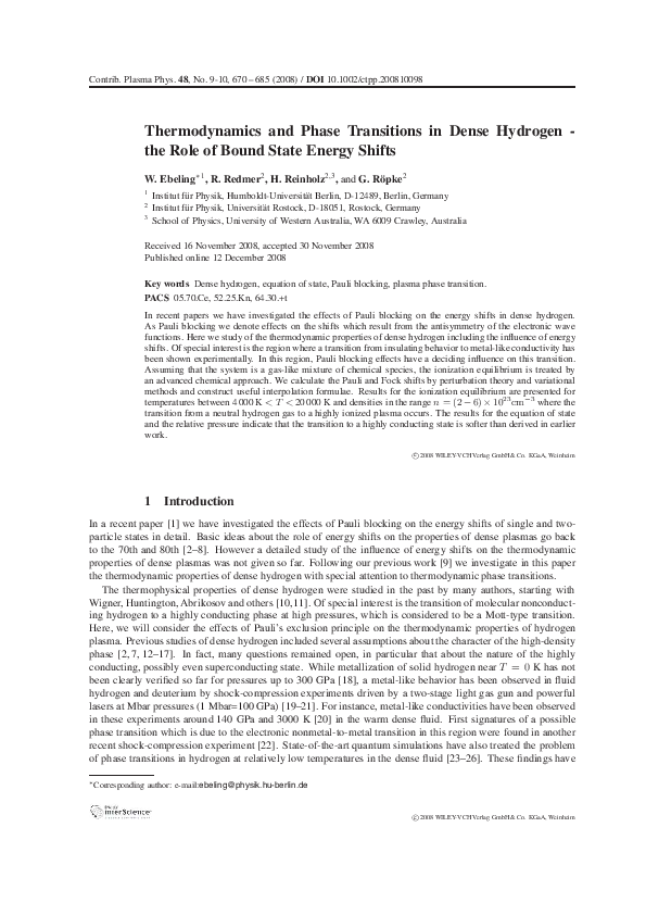 (PDF) Thermodynamics and Phase Transitions in Dense Hydrogen – the Role ...