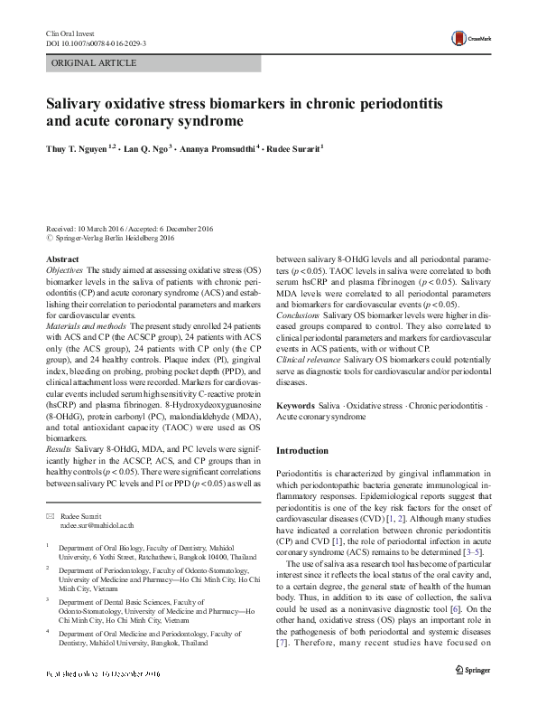 (PDF) Salivary oxidative stress biomarkers in chronic periodontitis and ...