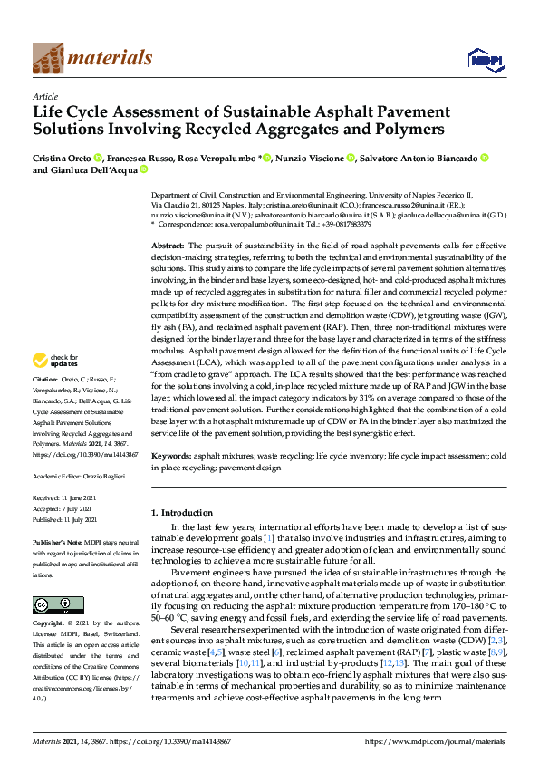 (PDF) Life Cycle Assessment of Sustainable Asphalt Pavement Solutions ...