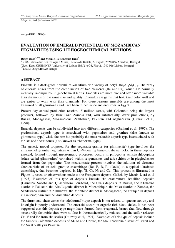 (PDF) Evaluation of emerald potential of mozambican pegmatites using ...