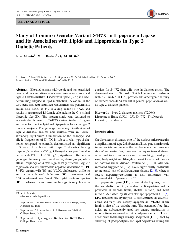 (PDF) Study of Common Genetic Variant S447X in Lipoprotein Lipase and ...