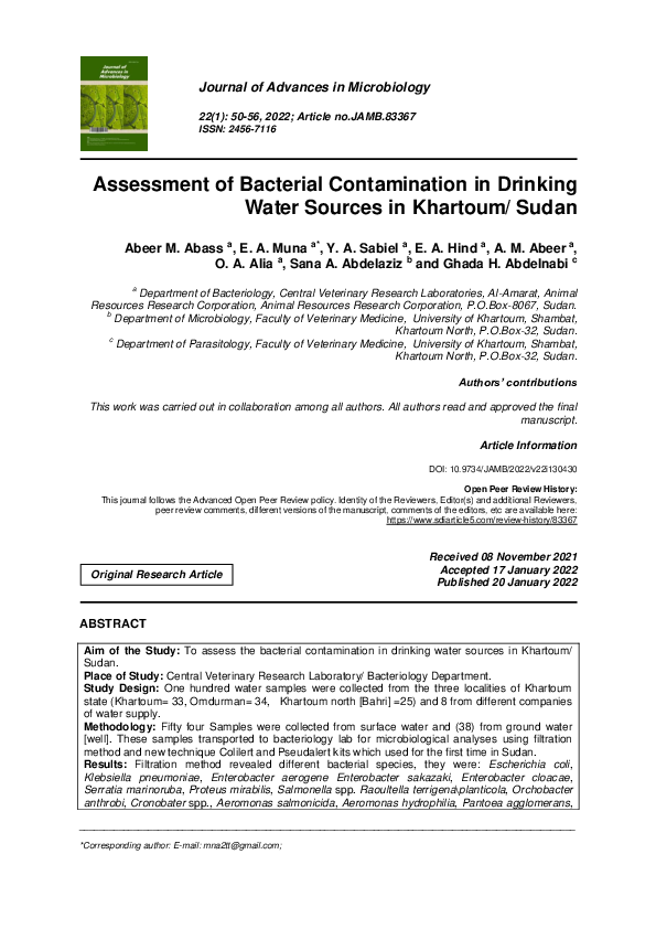 (PDF) Assessment of Bacterial Contamination in Drinking Water Sources ...