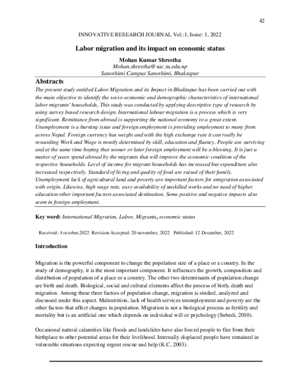 (PDF) Labor migration and its impact on economic status