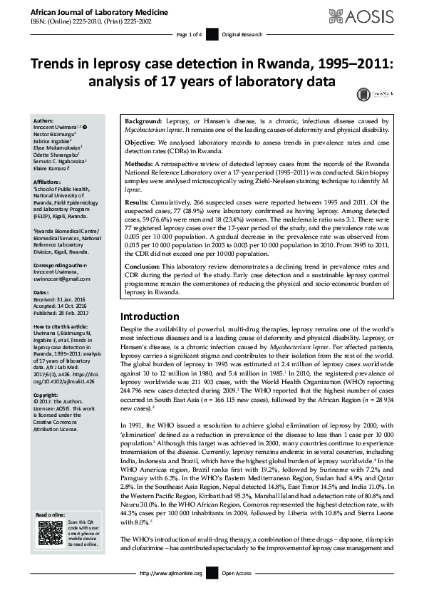(PDF) Trends in leprosy case detection in Rwanda, 1995–2011: analysis ...