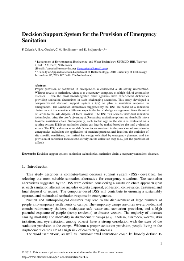 (PDF) Decision support system for the provision of emergency sanitation