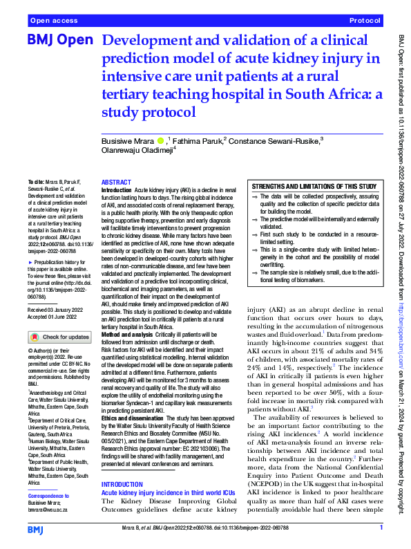 (PDF) Development and validation of a clinical prediction model of ...