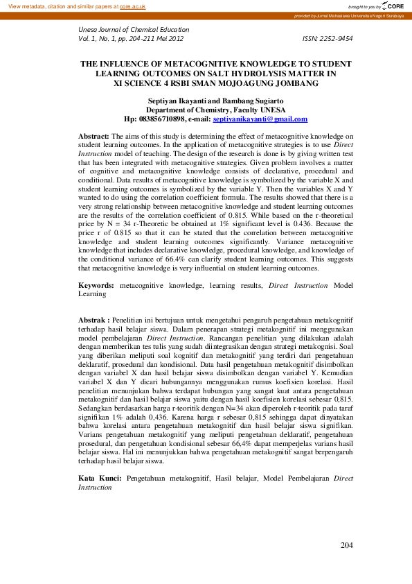 (PDF) The Influence of Metacognitive Knowledge to Student Learning ...