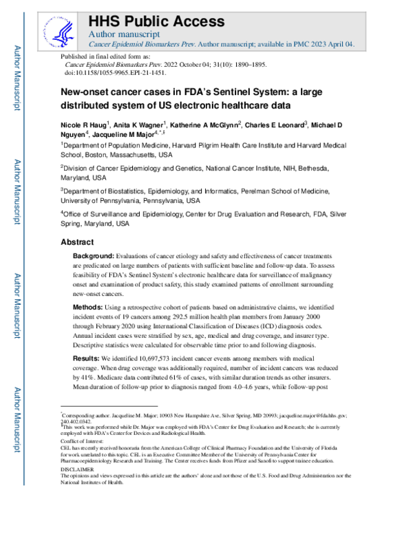 (PDF) New-Onset Cancer Cases in FDA's Sentinel System: A Large ...