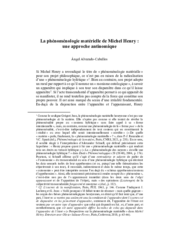 PDF) La phénoménologie matérielle de Michel Henry : une approche