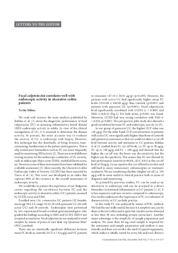 (PDF) Fecal calprotectin correlates well with endoscopic activity in ...