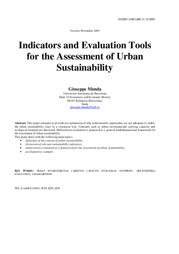 (PDF) Indicators and evaluation tools for the assessment of urban ...
