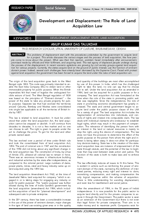 (PDF) Development and Displacement: The Role of Land Acquisition Law