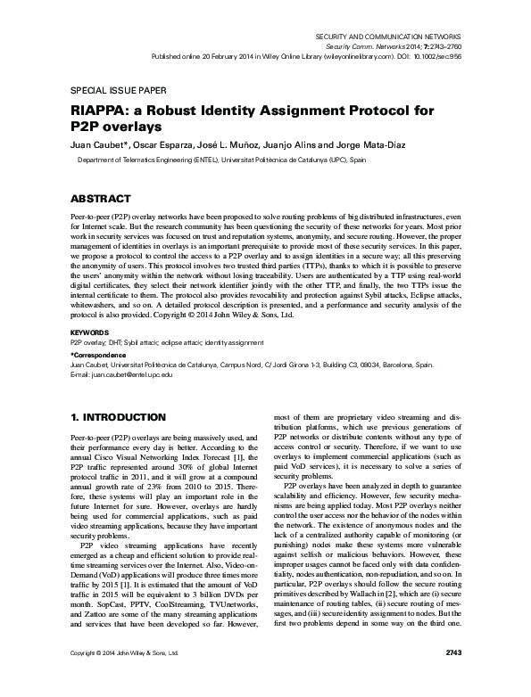 (PDF) RIAPPA: a Robust Identity Assignment Protocol for P2P overlays