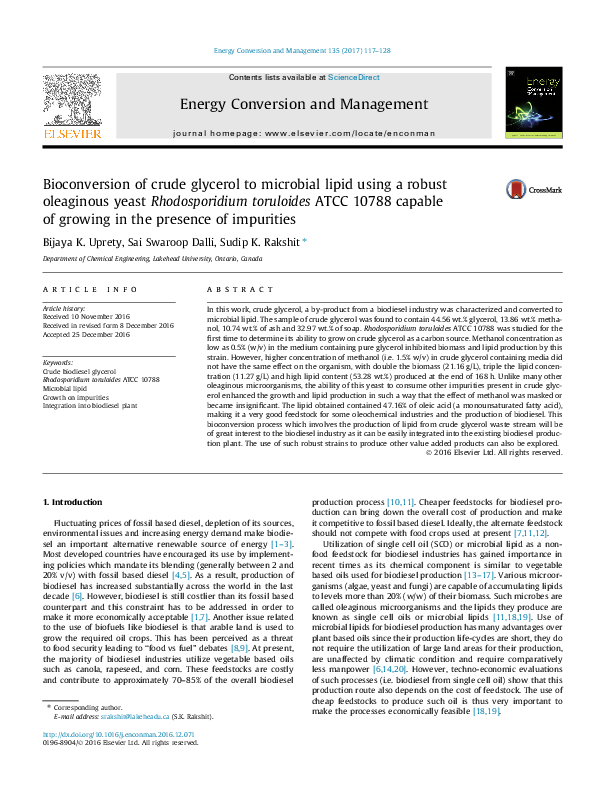 (PDF) Bioconversion of crude glycerol to microbial lipid using a robust ...